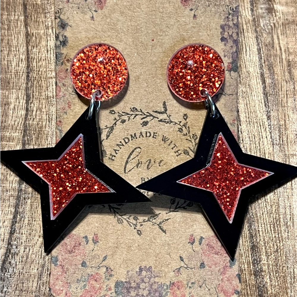 Atomic MCM Retro Rockabilly Red Glitter Star Earrings - Viva